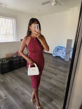 Bershka Burgundy Halter Midi Dress with White Polka Dots